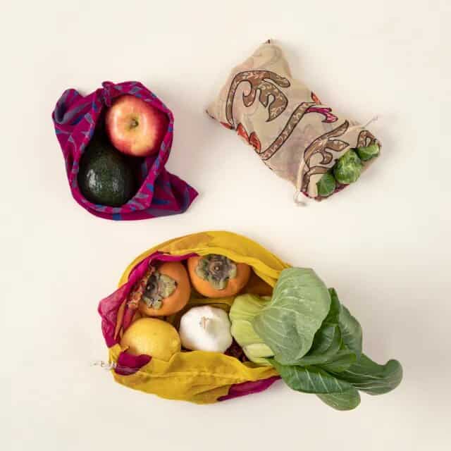 Product Image of the Repurposed Sari Produce Shopping Bags
