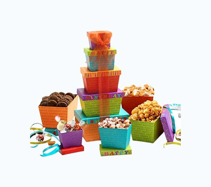Product Image of the Broadway Basketeers Birthday Celebration Gift Tower