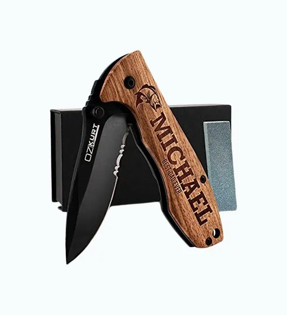 Product Image of the Engraved Oak Wood Pocket Knife