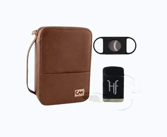 Product Image of the Leatherette Travel Cigar Case Gift Set With Cutter & Lighter