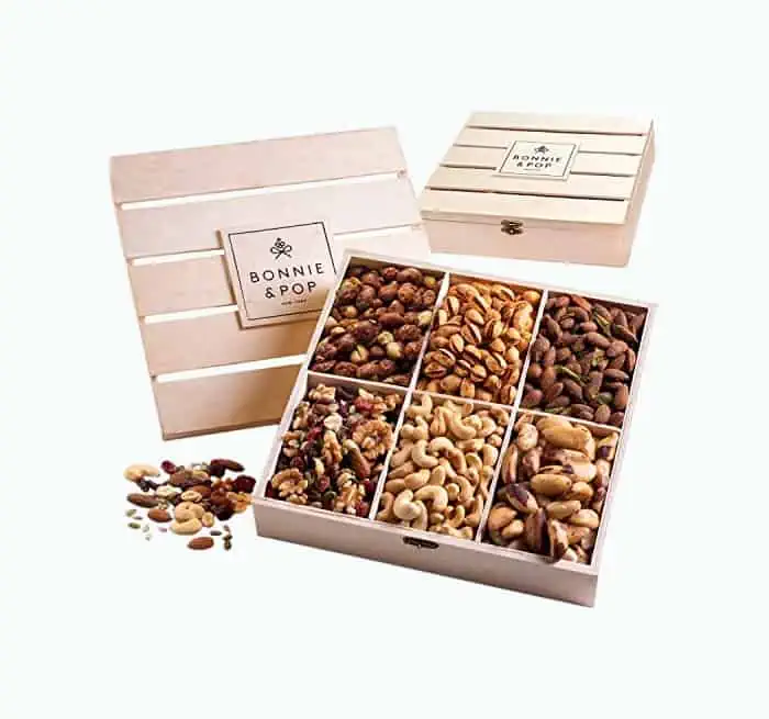 Product Image of the Nut Gift Basket, in Reusable Wooden Crate