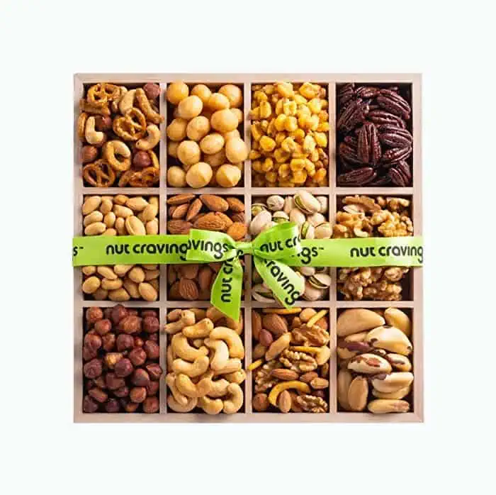 Product Image of the Nuts Gift Basket in Wooden Tray + Green Ribbon (12 Piece Set)