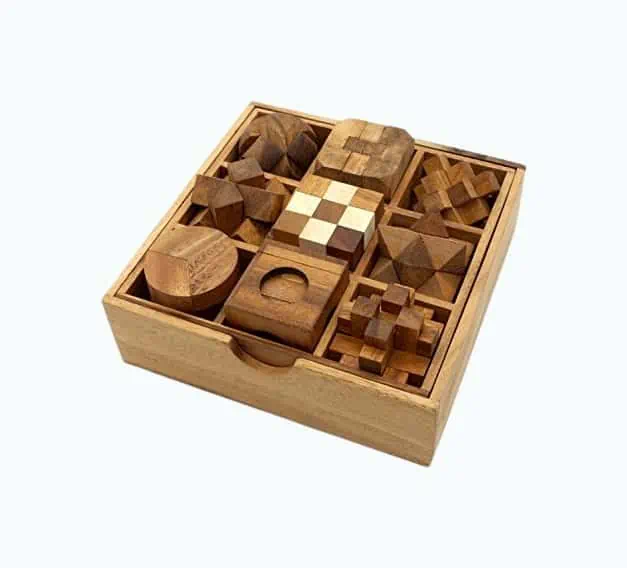 Product Image of the Set Of 9 Wooden Puzzle Brain Teasers