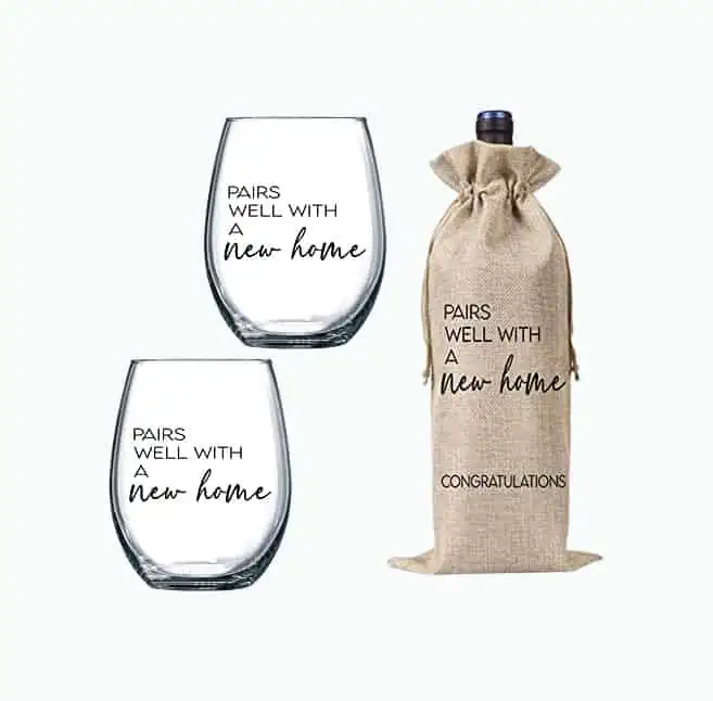 Product Image of the Stemless Wine Glass & Bottle Gift Bag Set for New Homeowner