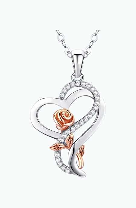 Product Image of the Sterling Silver Heart Rose Necklace