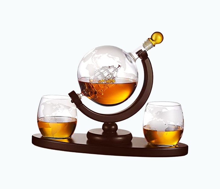 Product Image of the Whiskey Decanter Globe Set with 2 Etched Globe Glasses 