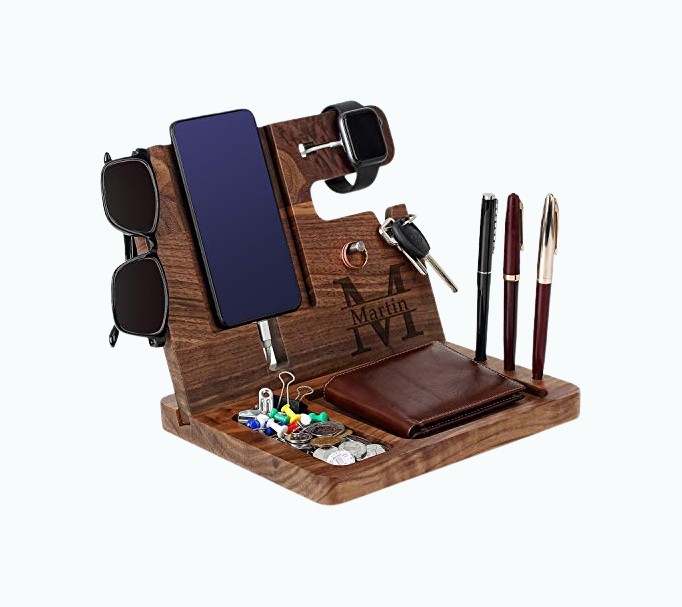 Product Image of the Wooden Phone Docking Station - Engraved Nightstand Organizer