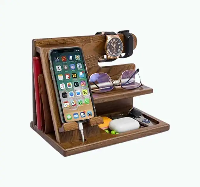 Product Image of the Wooden Phone Docking Station - Engraved Nightstand Organizer